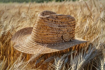 Fototapeta premium Straw hat sits atop ripe wheat stalks in a sun drenched field, evoking the essence of a summer harvest