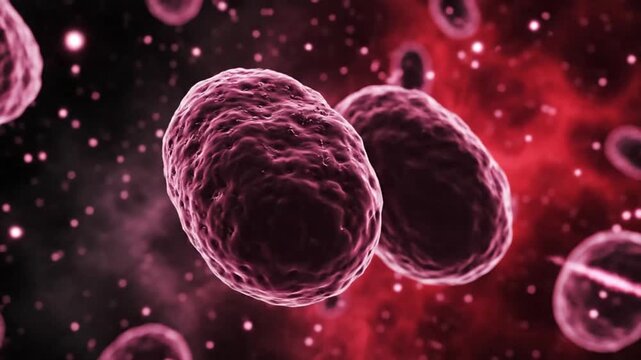 Microscopic view of bacteria clusters floating in a vibrant red and black background