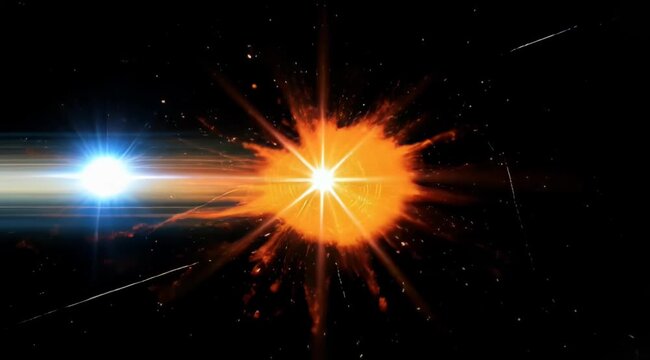 Cinematic Sci Fi Energy Beam Impact Creating Massive Fiery Explosion With Blue Light And Orange Sparks.