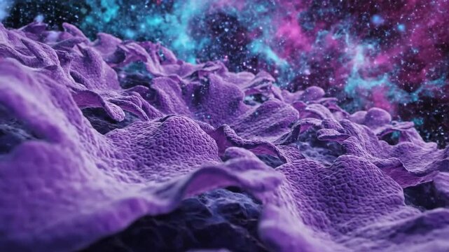 Vivid purple alien landscape with glowing cosmic dust and textured terrain in a futuristic otherworldly scene
