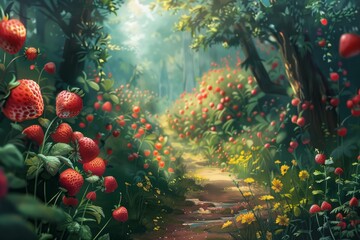 Naklejka premium Ripe strawberries growing along a path in a lush, sunlit forest create a magical, inviting scene