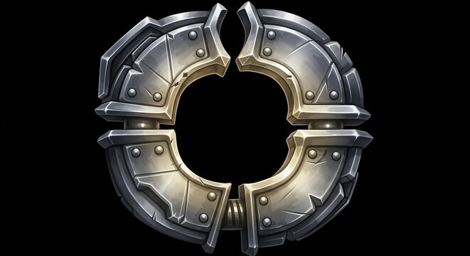 Intricate metallic ring design showcasing robust segmented construction on a stark black backdrop