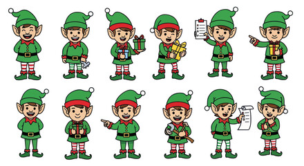 Fototapeta premium Collection of Cute Christmas Elves with Gifts and Gestures