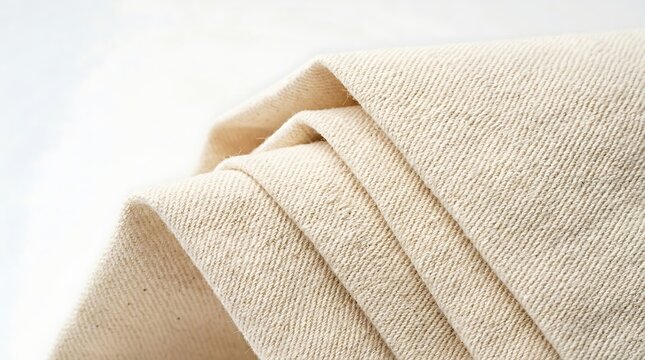 Close up of folded beige cotton canvas fabric texture with minimalist aesthetic and bright natural lighting for textile design background