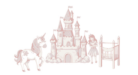 Naklejka premium Magical Unicorn, Princess, Castle, and Crib - Fairytale Nursery Scene