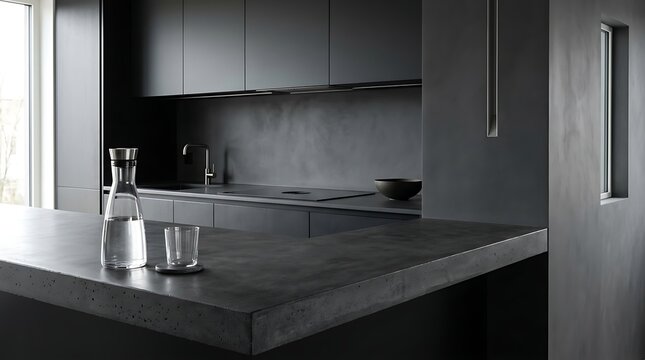 Modern minimalist black kitchen interior with concrete countertop matte cabinets and elegant glass decanter in natural light