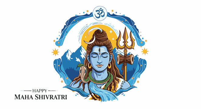 Spiritual depiction of a blue-faced deity with a snake and trident, set against mountains