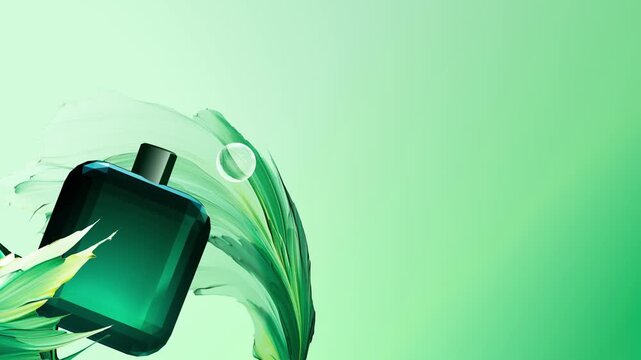 Minimalist product shot of a square teal perfume bottle positioned on the left side with dynamic green paint splashes and ample negative space for text