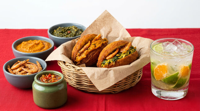 Acaraj&eacute; tradicional da Bahia servido com camar&atilde;o, vatap&aacute;, caruru e caipirinha de lim&atilde;o sobre mesa vermelha