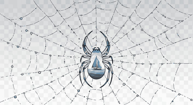 Spiderweb with a sailboat scene reflected in the spider's abdomen