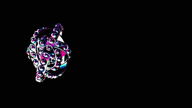 Abstract holographic sphere with concentric rings and liquid metallic reflections positioned to the left against a dark void with ample negative space