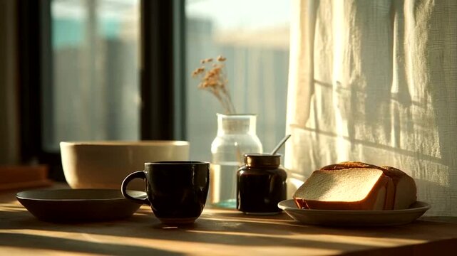 Warm morning light illuminates a simple breakfast setting on a rustic wooden table, featuring fresh bread, a coffee cup, and ceramic bowls, creating a serene and inviting atmosphere