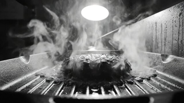 Black and white close up of a burger patty being flipped on a hot griddle pan for cooking