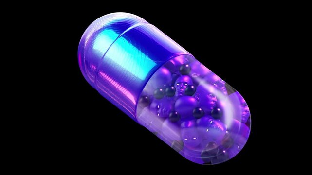Macro view of a transparent capsule packed with purple human heads and spheres depicting population density and mental health themes