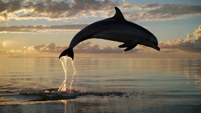 Dolphin jumps out of water at sunset in calm ocean near shoreline while creating splashes in the air
