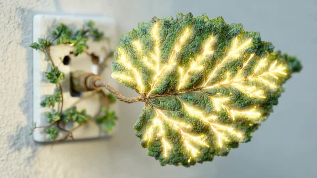Vibrant glowing leaf connected to wall socket symbolizing sustainable energy for inspiring environmental documentaries