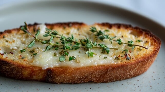 Toasted bread cheese melted mozzarella kashar thyme butter close up food gourmet snack breakfast dish creamy delicious plate minimal ceramic fresh herbs warm savory texture