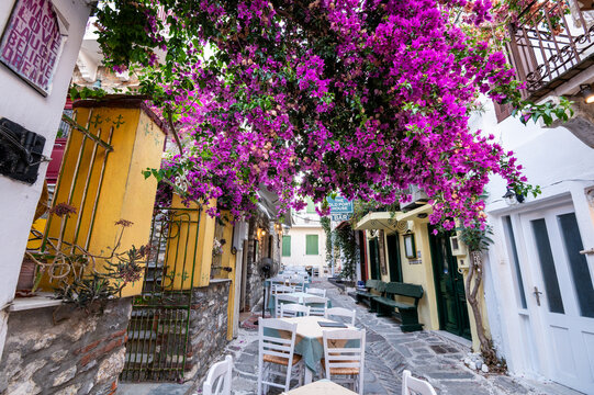 A narrow alley at the town of Chora in the Greek island  of Skiathos in the Aegean Sea.