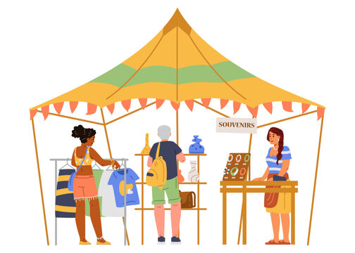 Festival or street market tent with people buying souvenirs and clothes flat vector illustration isolated on white.