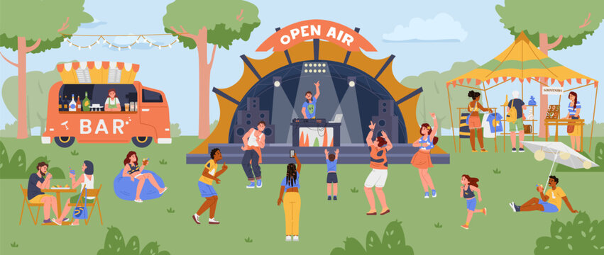 Summer open air festival with diverse people listening and dancing to music from the stage, eating, relaxing, shopping souvenirs vector illustration.