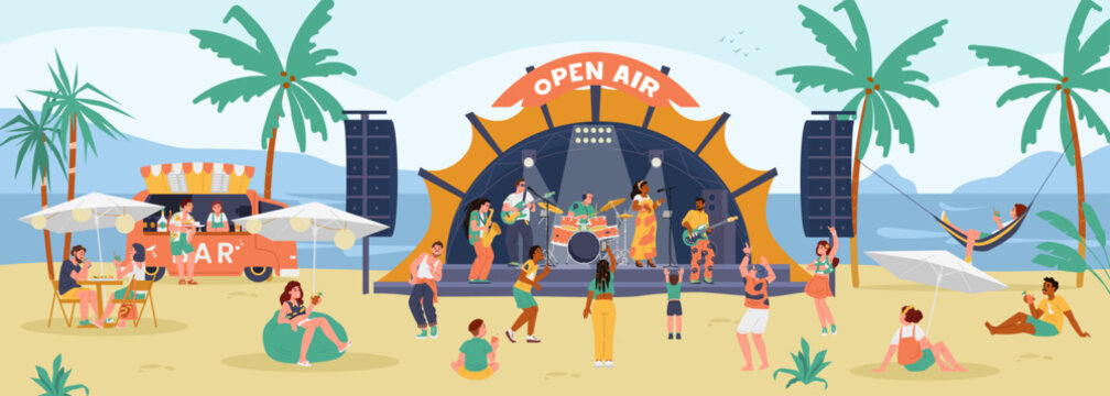 Summer open air festival at the beach scene with diverse people listening and dancing to music, eating, relaxing, music band on the stage vector illustrations.