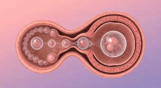 Detailed visualization of human reproductive biology, illustrating early embryonic development