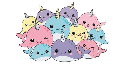 Cute Narwhal Family Group Illustration, Kawaii Ocean Animals, Pastel Colors © Joni