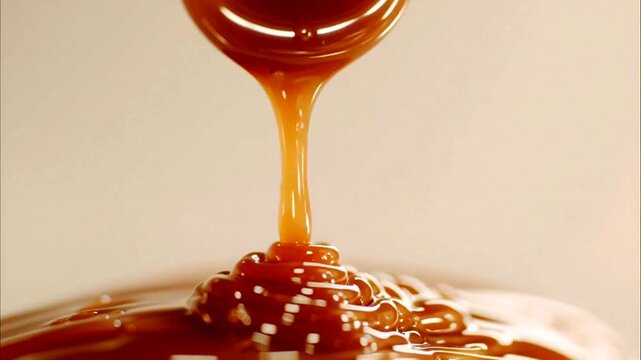 A delectable stream of rich, golden-brown caramel sauce pouring into a glistening pool, highlighting its sweet, gooey texture perfect for desserts and confectionery