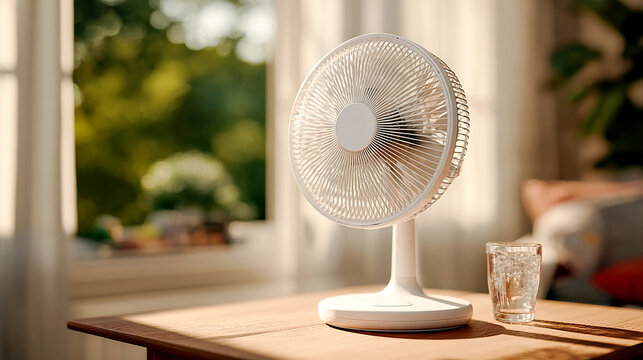modern electric fan blowing strongly in a sunlit room, sheer curtains moving in the airflow, bright harsh sunlight outside contrasting with the cool indoor breeze