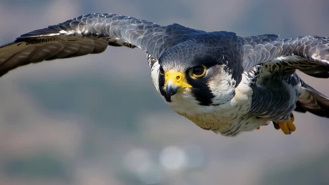Peregrine falcon hunting in the wild near mountains during the early morning hours
