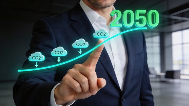 Businessman touching futuristic hologram showing rising carbon dioxide emissions and year 2050 climate change concept environmental crisis global warming sustainability corporate