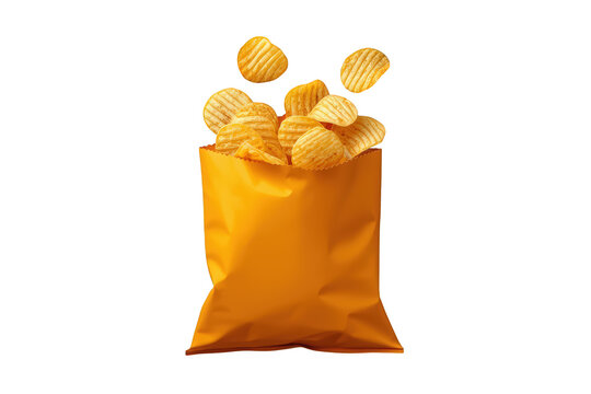 Wavy potato chips overflowing from an orange snack bag, crisp savory snack food presenting a tempting treat