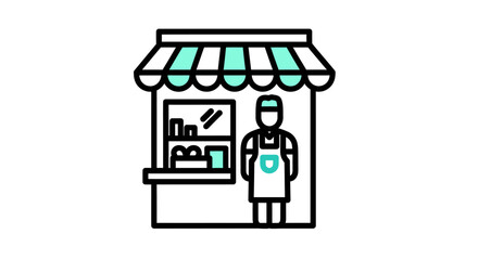 Naklejka premium A person wearing an apron stands at a small food stall with an awning.
