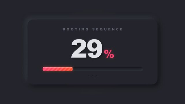 A digital interface displays a progress bar filling with a vibrant pink hue, indicating a boot sequence reaching twenty-nine percent completion on a dark, textured panel, signifying system