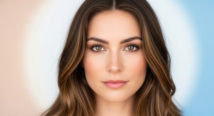 Naklejka premium Elegant woman's striking portrait with warm brown hair and expressive eyes against a soft artistic