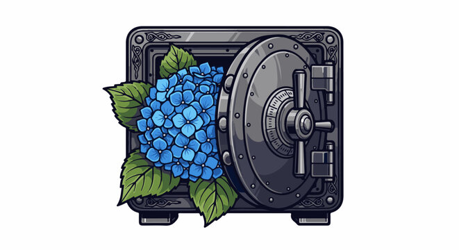 Metal safe overflowing with vibrant blue hydrangeas and green leaves