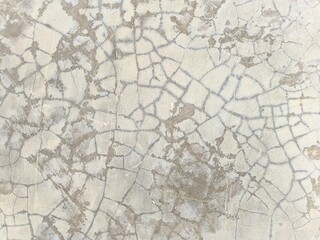 Fototapeta premium Cracked surface shows aged, textured patina. Gray and beige hues blend in intricate patterns. Fine lines spread like fractured glass or dried earth. Weathered material suggests time, decay