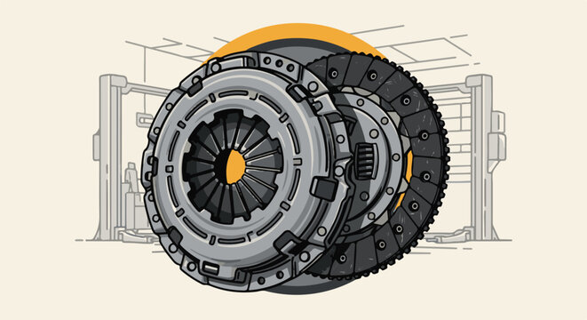 Stylized illustration of a car clutch and pressure plate on a car lift