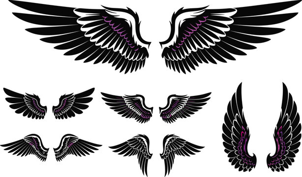 Black and Purple Wings Vector Icon Set Featuring Angel and Bird Wing Elements for Tattoos, Logo Designs, Fashion Graphics, and Creative Illustrations