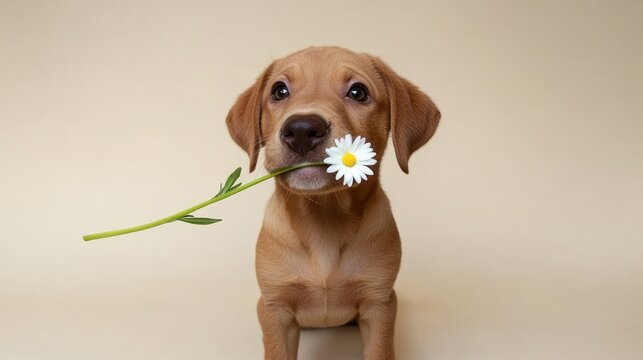 Fox red Labrador retriever puppy sitting against a neutral beige background holding a single white daisy flower in its mouth, looking forward with large brown eyes.