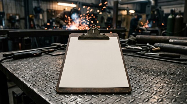 Clipboard with blank paper in a welding workshop