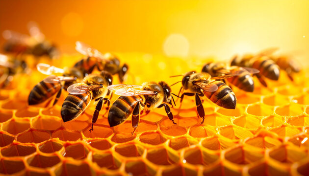 Close-up of bees working on a honeycomb with warm golden light