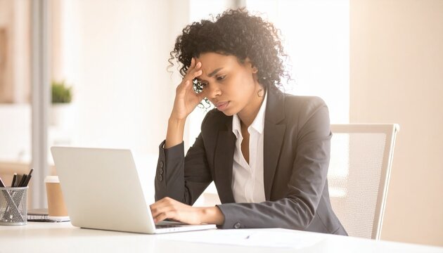 Stressed Professional at Desk: A determined woman, deep in thought, battles through a work crisis, her hands reaching out to her laptop in a moment of intensity and focus. 