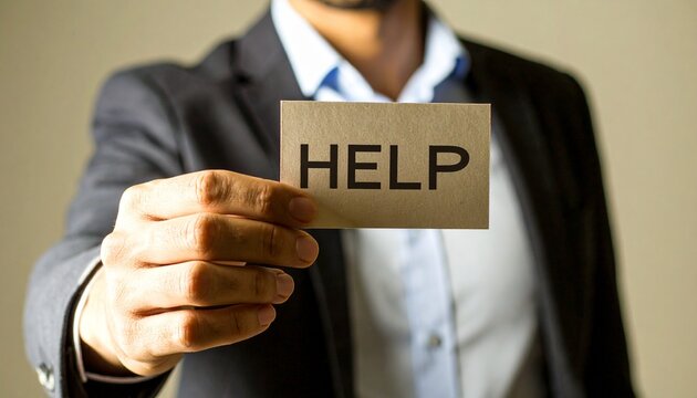 Seeking Support: A person extends a card bearing the word Help, embodying a plea for assistance, empathy, or guidance. This image evokes feelings of vulnerability, resilience.
