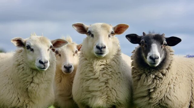 Close-up of sheep gathered in a field with cloudy skies in the background during late afternoon