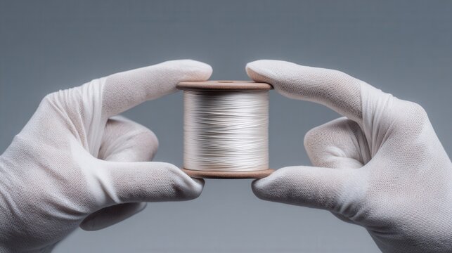 Hands inspect fiber. Laboratory technician checks thread tension. Worker evaluates fiber quality in textile lab. Technician analyzes thread strength and texture during testing process