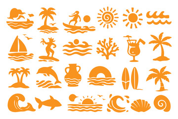 Boho summer set. Naive spiritual geometric palm tree, sun, sea, waves and corals emblem. Tropical retro surf prints, summer beach label, naive vignetting silhouette. Hand drawn vector illustration © Top