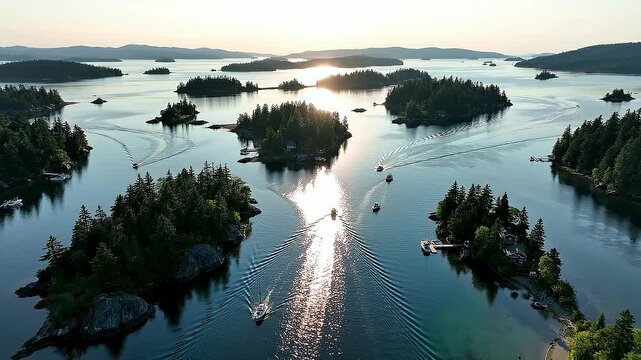 Aerial view of a serene lake with many islands and boats sailing during sunset