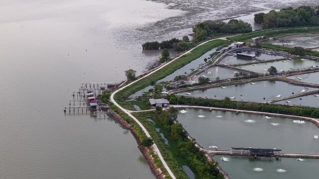 Drone footage showing fish farming ponds at Sungai Udang in Nibong Tebal, Malaysia.