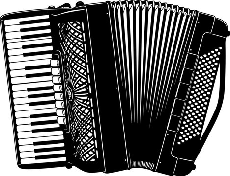 Accordion musical instrument in black silhouette.